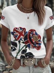 Britisches Damen-T-Shirt mit aufbügelbarem, diamantinimitiertem Aufdruck (heißgebohrt)