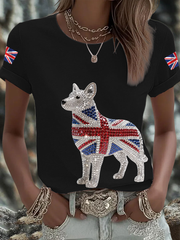 Britisches Damen-T-Shirt mit Imitation von Diamanten im Heißbohrverfahren, bedruckt, kurzärmelig
