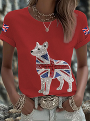 Britisches Damen-T-Shirt mit Imitation von Diamanten im Heißbohrverfahren, bedruckt, kurzärmelig