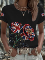 Britisches Damen-T-Shirt mit aufbügelbarem, diamantinimitiertem Aufdruck (heißgebohrt)