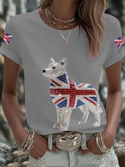 Britisches Damen-T-Shirt mit Imitation von Diamanten im Heißbohrverfahren, bedruckt, kurzärmelig
