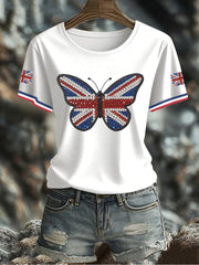 Damen-T-Shirt mit Schmetterlingsprint und britischer Flagge