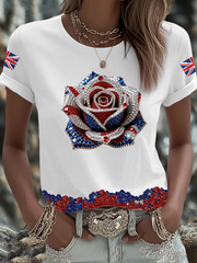 Britisches Damen-T-Shirt mit Imitation von Diamanten im Heißbohrverfahren, bedruckt, kurzärmelig