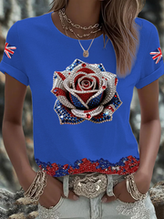 Britisches Damen-T-Shirt mit Imitation von Diamanten im Heißbohrverfahren, bedruckt, kurzärmelig
