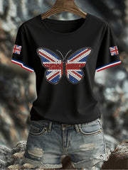 Damen-T-Shirt mit Schmetterlingsprint und britischer Flagge