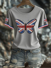 Damen-T-Shirt mit Schmetterlingsprint und britischer Flagge