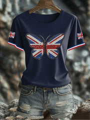 Damen-T-Shirt mit Schmetterlingsprint und britischer Flagge