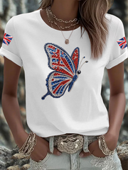 Britisches Damen-T-Shirt mit Imitation von Diamanten im Heißbohrverfahren, bedruckt, kurzärmelig