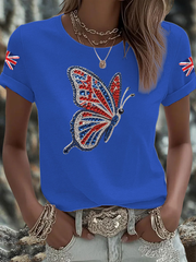 Britisches Damen-T-Shirt mit Imitation von Diamanten im Heißbohrverfahren, bedruckt, kurzärmelig