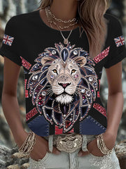 Damen-T-Shirt mit Löwenaufdruck und britischer Flagge
