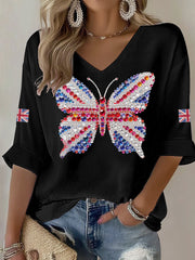 Britisches Damen-T-Shirt mit Imitation von Diamanten im Heißbohrverfahren, bedruckt