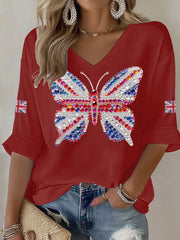 Britisches Damen-T-Shirt mit Imitation von Diamanten im Heißbohrverfahren, bedruckt