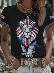 Damen-T-Shirt im britischen Stil mit Strass-Heißbohr-Print, aufbügelbar, Kurzarm, Denim-Imitation