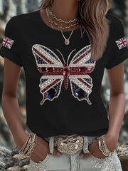 Damen-T-Shirt mit Schmetterlingsprint und britischer Flagge