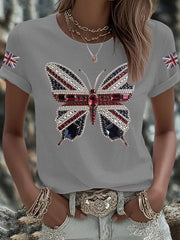Damen-T-Shirt mit Schmetterlingsprint und britischer Flagge