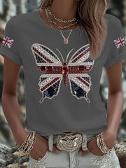 Damen-T-Shirt mit Schmetterlingsprint und britischer Flagge