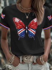Britisches Damen-T-Shirt mit Imitation von Diamanten im Heißbohrverfahren, bedruckt, kurzärmelig
