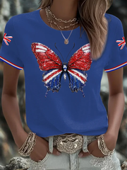 Britisches Damen-T-Shirt mit Imitation von Diamanten im Heißbohrverfahren, bedruckt, kurzärmelig