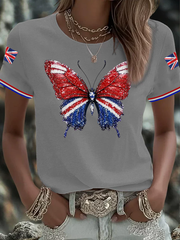 Britisches Damen-T-Shirt mit Imitation von Diamanten im Heißbohrverfahren, bedruckt, kurzärmelig