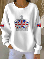 Lässiges Sweatshirt im britischen Stil mit Strass-Imitation und Heißbohrmuster für Damen
