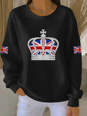 Lässiges Sweatshirt im britischen Stil mit Strass-Imitation und Heißbohrmuster für Damen