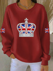 Lässiges Sweatshirt im britischen Stil mit Strass-Imitation und Heißbohrmuster für Damen