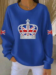 Lässiges Sweatshirt im britischen Stil mit Strass-Imitation und Heißbohrmuster für Damen