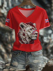 Damen-T-Shirt mit britischem Flaggenmotiv und Löwin-Kunstdruck