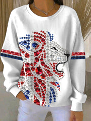 Lässiges Sweatshirt im britischen Stil mit Strass-Imitation und Heißbohrmuster für Damen
