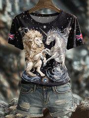 Damen-T-Shirt im Retro-Stil mit Löwen- und Einhornmotiv sowie britischer Flagge