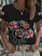 Britisches Damen-T-Shirt mit aufbügelbarem, diamantinimitiertem Aufdruck (heißgebohrt)