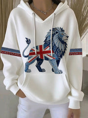 Damen-Hoodie im britischen Stil aus Denim-Imitat mit Strass- und Heißnagel-Print