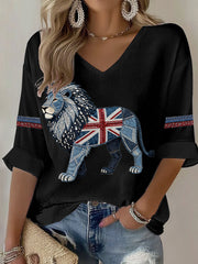Britisches Damen-Freizeit-T-Shirt mit Denim-Print in Faux-Optik