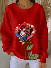 Damen-Sweatshirt mit britischem Rosenprint, geripptem Rundhalsausschnitt