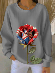 Damen-Sweatshirt mit britischem Rosenprint, geripptem Rundhalsausschnitt