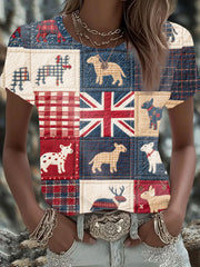 Kurzarm-T-Shirt mit britischem Patchwork-Print für Damen