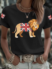 Britisches Patchwork-Löwen-T-Shirt für Damen zum Aufbügeln, Kurzarm