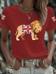 Britisches Patchwork-Löwen-T-Shirt für Damen zum Aufbügeln, Kurzarm