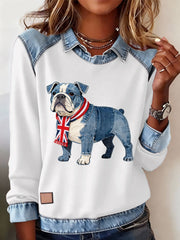 Lässiges Oberteil im britischen Stil mit Bulldoggenmuster für Damen