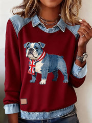Lässiges Oberteil im britischen Stil mit Bulldoggenmuster für Damen
