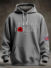 Herren-Kapuzenpullover mit übergroßem Schnitt, überschnittenen Schultern und Taschen, bedruckt mit dem Aufdruck „Lest We Forget“