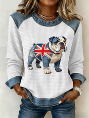 Damen-Sweatshirt im britischen Stil mit Bulldoggen- und Blumenmuster, Waffelstruktur