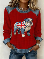 Damen-Sweatshirt im britischen Stil mit Bulldoggen- und Blumenmuster, Waffelstruktur