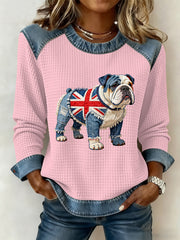 Damen-Sweatshirt im britischen Stil mit Bulldoggen- und Blumenmuster, Waffelstruktur
