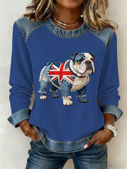 Damen-Sweatshirt im britischen Stil mit Bulldoggen- und Blumenmuster, Waffelstruktur