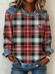 Damen-Sweatshirt im britischen Stil mit kariertem Patchwork-Muster