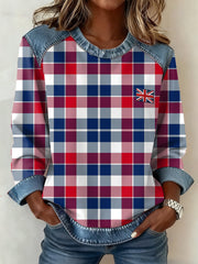 Damen-Sweatshirt im britischen Stil mit kariertem Patchwork-Muster