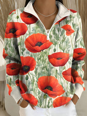 Damen-Remembrance Day Mohnblumen-Blumen-Print-Zip-Top