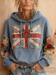 Damen-Kapuzenpullover mit Union-Jack- und Blumenmuster und Kordelzug