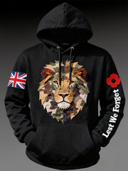 Herren-Kapuzenpullover mit überschnittenen Schultern und Taschen, Aufdruck „British Lion Lest We Forget“